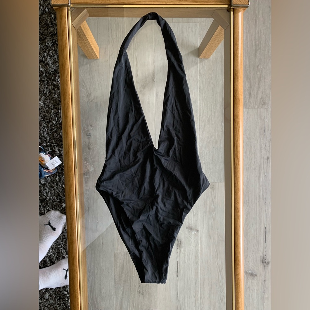 Black Plunging Neckline One Piece Swimsuit